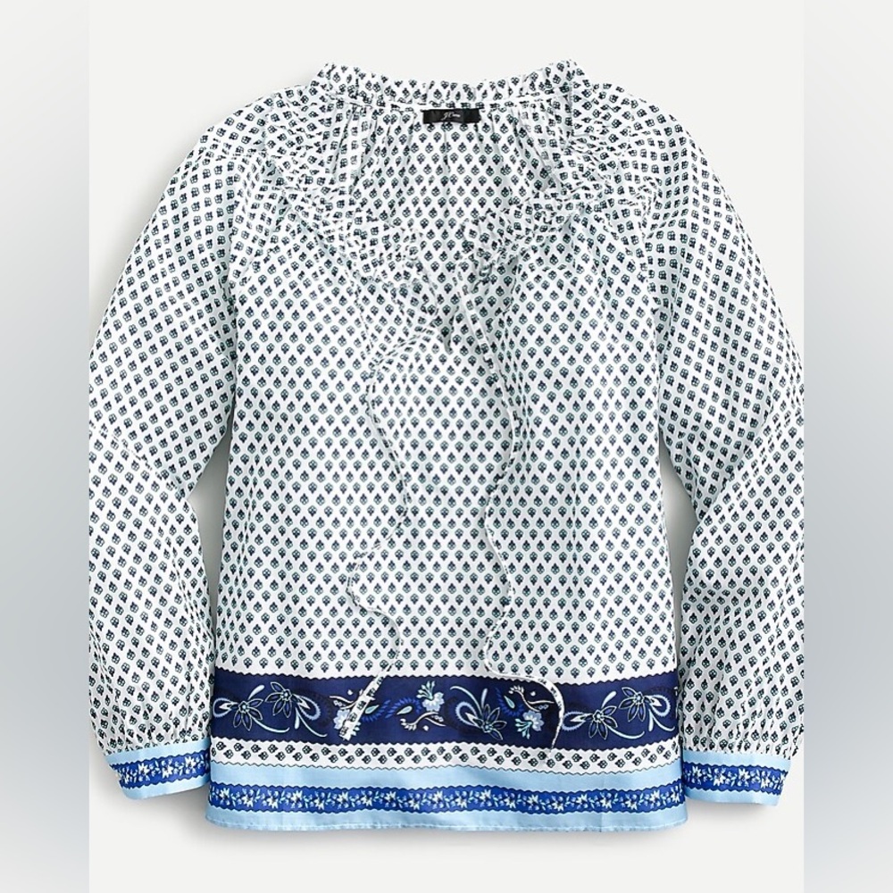 J. Crew Tie-front ruffle top in blue ribbon block print
